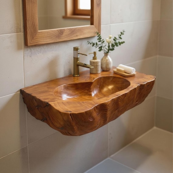 Unique bathroom sink solid wood vanity sink live edge floating vanity basin countertop organizer