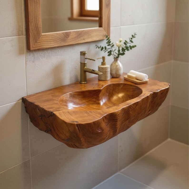 K&ouml;nnte beinhalten: Ein Badezimmerwaschbecken aus Naturholz mit einer einzigartigen, organischen Form. Das Waschbecken ist an der Wand befestigt und verf&uuml;gt &uuml;ber ein integriertes Becken. Ein goldener Wasserhahn, ein Seifenspender und dekorative Gegenst&auml;nde befinden sich auf der Oberfl&auml;che.