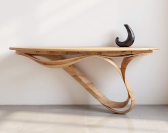 Consola estrecha de madera maciza, consola de entrada moderna, monitor multimedia curvo, mesa de pasillo con montaje en pared, escultura, muebles decorativos