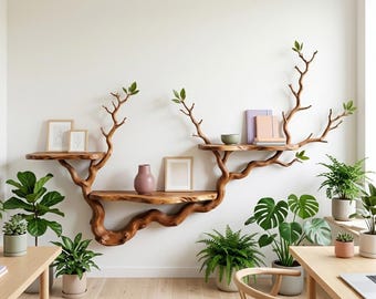 May include: A wall-mounted shelving unit crafted from natural wood, shaped like a tree branch with multiple levels. The shelves hold small picture frames, a pink vase, and books. Several potted green plants are placed on the floor nearby.