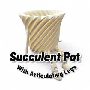 May include: Cream-colored succulent pot with a spiral design and articulating legs. The text "Succulent Pot With Articulating Legs" is displayed in black font. The pot has a unique, modern design.