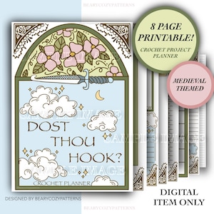 Peut inclure: Un planificateur de projet de crochet numérique sur le thème médiéval. La couverture présente un fond bleu avec des nuages, un poignard et le texte "DOST THOU HOOK ?". Comprend un planificateur imprimable de 8 pages.