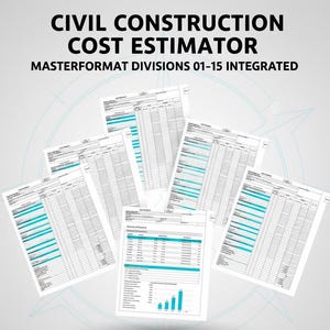 May include: Several white documents with blue and black text and charts, arranged in a circular design. The documents display the title "CIVIL CONSTRUCTION COST ESTIMATOR" and "MASTERFORMAT DIVISIONS 01-15 INTEGRATED".