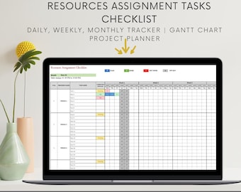 Resources Assignment Tasks Checklist | Daily, Weekly, Monthly Tracker | Gantt Chart Project Planner (Excel & Printable)