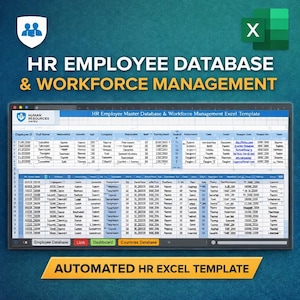 May include: A digital display of an Excel spreadsheet titled "HR Employee Master Database & Workforce Management." The screen shows a table with employee data, including names, IDs, and company information. The text "AUTOMATED HR EXCEL TEMPLATE" is displayed.