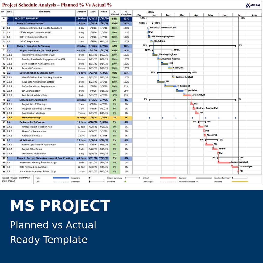 Project Schedule Ms Project MS Project Gantt Chart Schedule Plan Vs Actual - Etsy