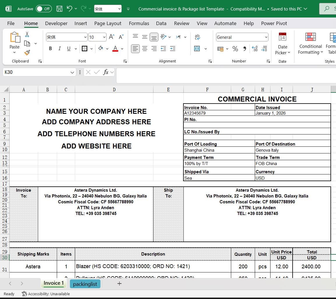 Export Invoice and Packing List Template | Excel Commercial Invoice for ...