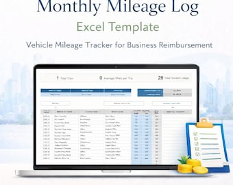 Monthly Mileage Log Excel Template, Vehicle Mileage Tracker for Business Reimbursement