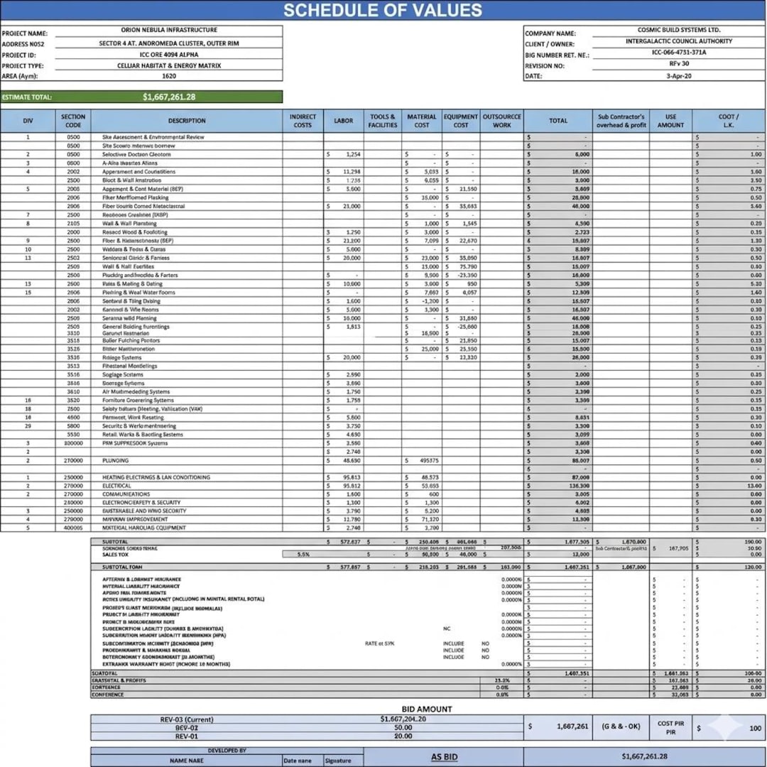 Construction Schedule of Values (SOV) Excel Template With Detailed Cost ...