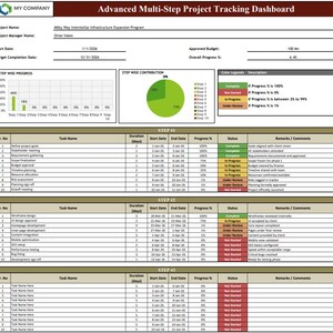 May include: Project tracking dashboard with progress bars, pie charts, and tables. The dashboard displays project steps, start and end dates, and statuses. The title is "Advanced Multi-Step Project Tracking Dashboard".