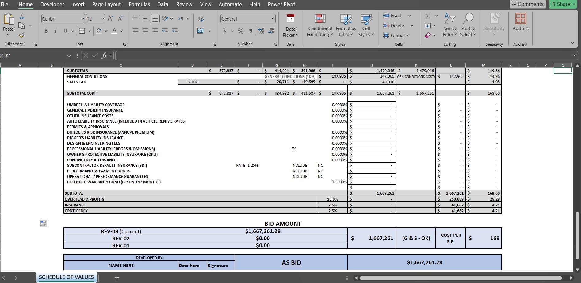 Construction Schedule of Values (SOV) Excel Template With Detailed Cost ...
