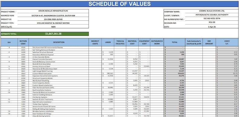 Breakdown Value Construction Schedule of Values (SOV) Excel Template With Detailed Cost ...