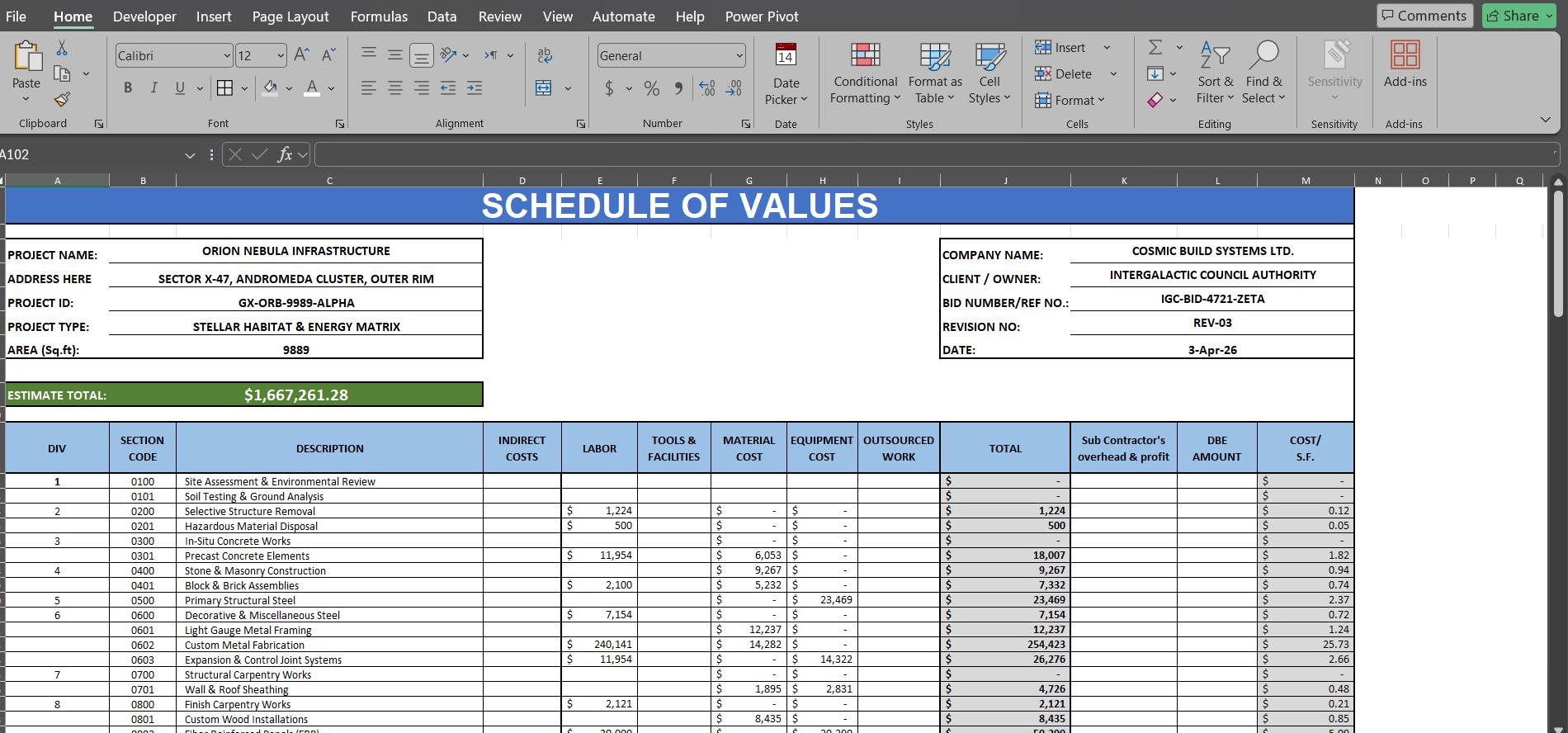 Construction Schedule of Values (SOV) Excel Template With Detailed Cost ...