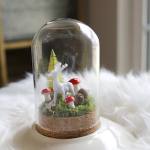 4.5&quot; glass Cloche miniature scene bottle brush tree, white deer, real acorn, tiny mushrooms, glittered star all on a moss bed