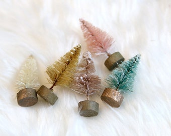darling tiny 1.5 inch bottle brush trees set of 5 or more. In tea dyed, pinks, faded forest green, and white/cream