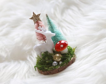 Darling 2&quot; x  2&quot; miniature scene w/an adorable deer and 2 tiny bottle brush trees mushroom and moss all on a beautiful wood slice.