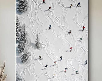 Arte de pared texturizado de estilo 3D de yeso con diseño de deportes de esquí blanco grande, regalo personalizado para esquiadores, snowboards, pintura de esquiador personalizada.