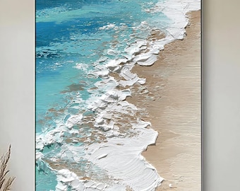 Pintura minimalista de playa azul: lienzo texturizado con olas del océano