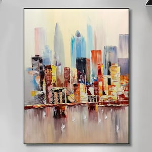 Abstract stadsgezicht olieverfschilderij, groot origineel kleurrijk stedelijk stadslandschap olieverfschilderij op canvas, moderne blauwe woonkamer muur kunst decor