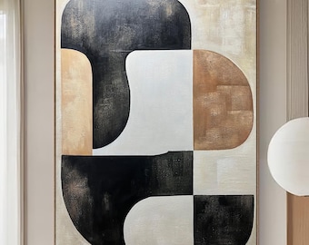 Pintura con textura en beige y negro: arte mural minimalista wabi sabi