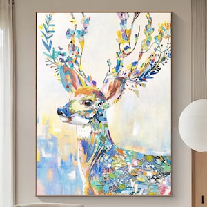 Original Hand Painted Deer Oil Painting on Canvas,Modern Minimalist Animal Painting,Colorful Elk Textured Painting,3D Texture Art,Home Decor