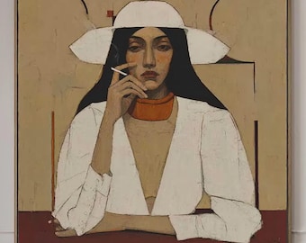 Pintura al óleo abstracta retro de mujer: retrato beige en lienzo
