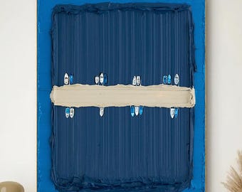 Pintura abstracta de paisaje marino al óleo con textura azul 3D, arte con textura azul y veleros, pintura con textura azul en el puerto, decoración del hogar.