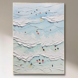 3D Minimalist Ocean Surfing Art, Hand Painted Extra Large Heavy Textured 3D Minimalist Swimming Art Abstract Oil Painting, Coastal Wall Art