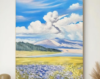 Prado de flores silvestres alpinas, pintura sobre lienzo: arte paisajístico junto al lago