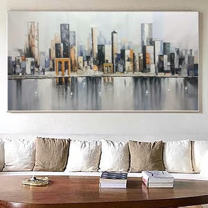 Abstract stadsgezicht olieverfschilderij, groot origineel kleurrijk stedelijk stadslandschap olieverfschilderij op canvas, moderne woonkamer muur kunst decor