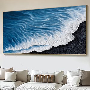 3D Minimalist Ocean Painting on Canvas Textured Wall Art Blue White Waves Art Wabi-Sabi Wall Art Living Room Painting Fashion Room Decor