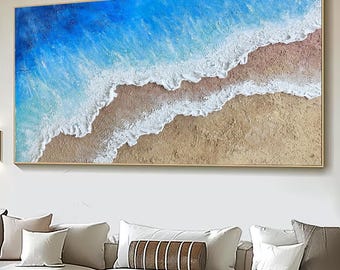 Pintura minimalista de playa azul: lienzo con olas oceánicas texturizadas en 3D