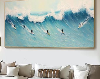 Pintura de playa texturizada: arte costero personalizado con multitud y escena de surf de verano