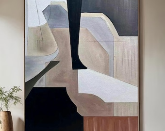 Pintura minimalista con textura beige y negra: arte wabi-sabi en lienzo