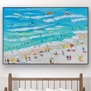 Large Crowds on the Shore Painting Happy Coast Painting Swimming Painting Custom Painting Texture Wall Art Personalized Gift Summer Art