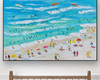 Große Menschenmengen am Ufer Glückliche Küste Malerei Glückliche Küste Malerei Schwimmen Malerei Benutzerdefinierte Malerei Textur Wandkunst personalisierte Geschenk Sommer Kunst