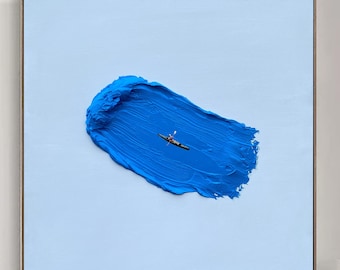 Arte abstracto 3D de kayak azul, pintura oceánica, lienzo azul texturizado, obra de arte minimalista de kayak, decoración de pared azul, regalos de buceo, decoración de kayak azul