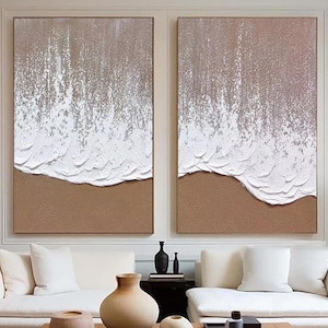 3D Textured Wall Art White Textured Abstract Painting Set of 2 Ocean Waves Painting Wabi Sabi Wall Art Plaster Art Textured Art Neutral Art
