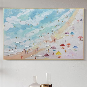 Large Crowds on the Shore Painting Happy Coast Painting Swimming Painting Custom Painting Texture Wall Art Personalized Gift Summer Art