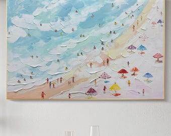 Strukturiertes Strand Gemälde: Menschenmassen am Ufer, Sommer Küsten Kunst