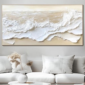 Large 3D Textured Wall Art Ocean Waves Painting on Canvas Ocean Abstract Painting Wabi-Sabi Wall Art Beige Waves Art Canvas Wall Art