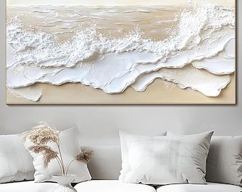 Pintura de olas del océano texturizadas: arte wabi-sabi en lienzo beige 3D