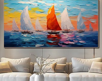 Textured Sailboat Oil Painting: 3D Nautical Seascape Canvas Art