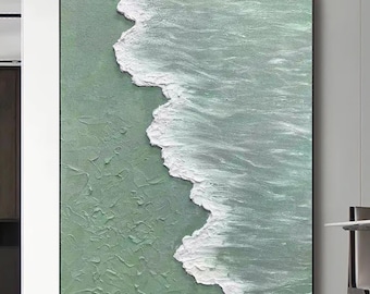 Pintura texturizada de olas del océano: arte minimalista wabi-sabi en lienzo verde salvia