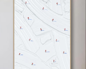 Cuadro de esquí 3D cuadrado sobre lienzo, pintura personalizada, textura, arte de pared, regalo personalizado, esquiador en montaña nevada, arte, arte de esquí en nieve blanca