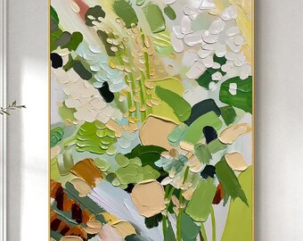 Pintura floral verde 3D sobre lienzo: Arte mural floral con textura