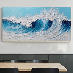 Large 3D Textured Ocean Wall Art Original Plaster Style Beach Painting on Canvas Blue Wave Decor Unique Wabi-sabi Living Room Wall Art