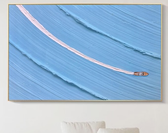 Pintura minimalista en 3D de lancha rápida con textura de arte azul cielo, lienzo oceánico, decoración de pared azul, lienzo de mar azul, arte abstracto de pared de lancha rápida.