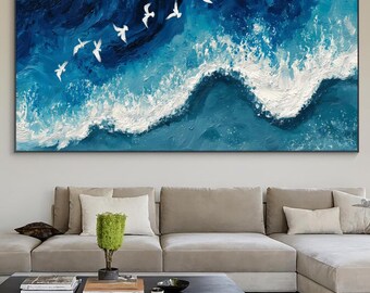 Pintura texturizada de olas del océano: arte minimalista en lienzo azul y blanco en 3D
