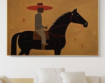 Cuadro abstracto moderno de vaquero a caballo, arte mural figurativo minimalista vintage sobre lienzo texturizado de gran tamaño.